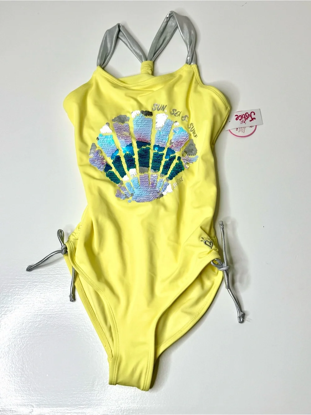 Justice Girls Yellow One-Piece Swimsuit with Silver Shell Accent